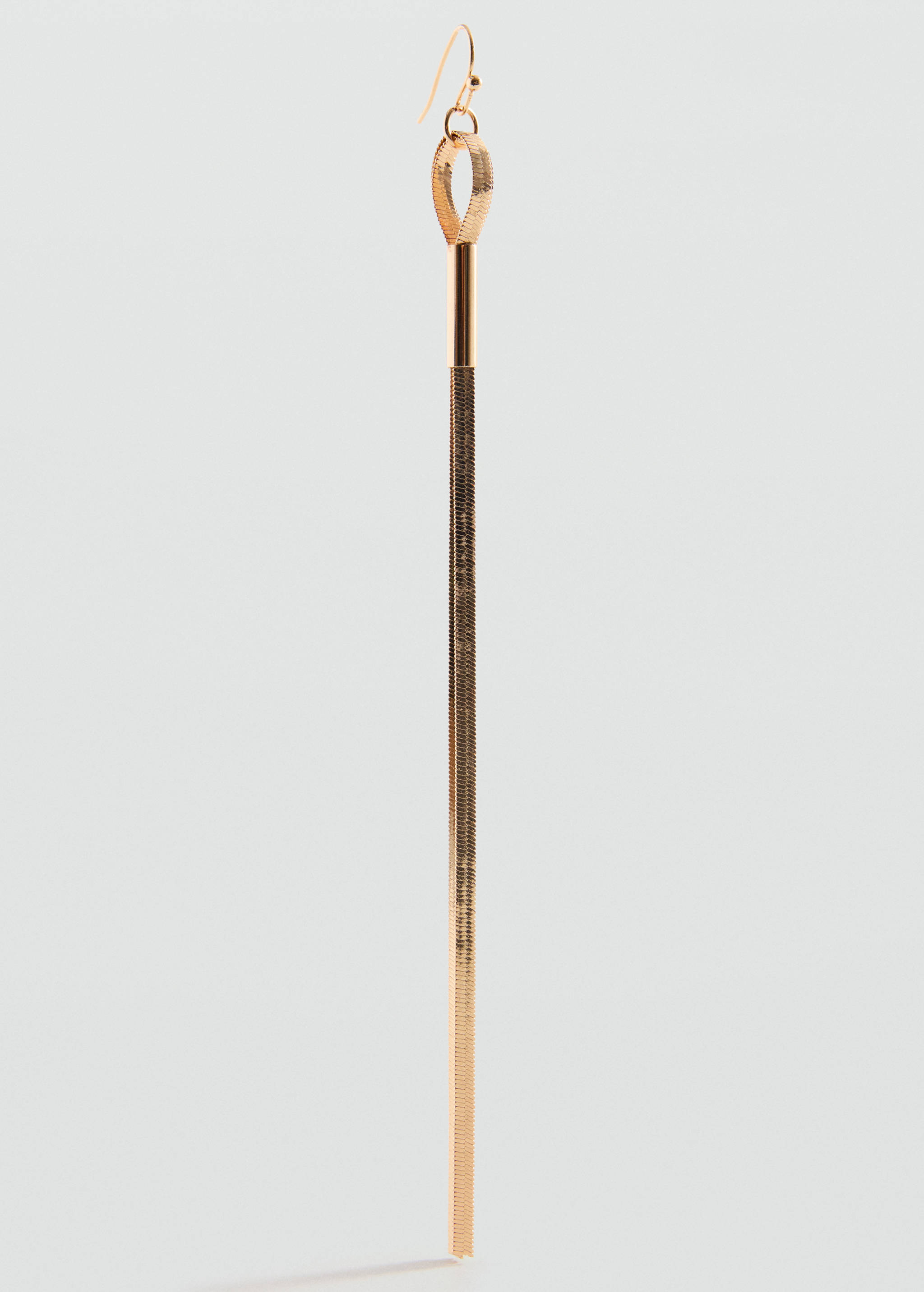 Long gold-coloured drop earring with a flat snake-chain fringe.