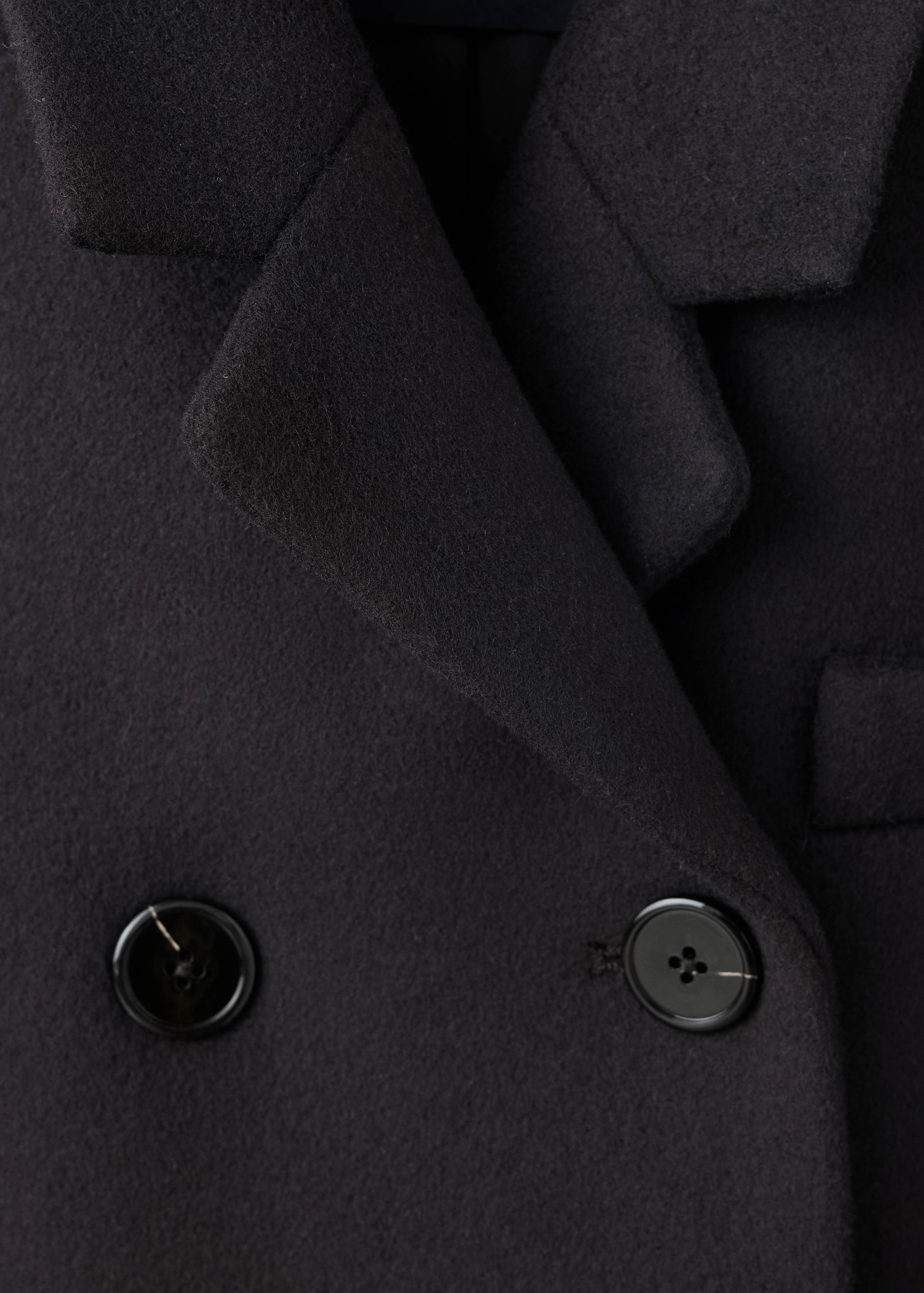 Close-up of a black coat showing the notched lapel and button detail.
