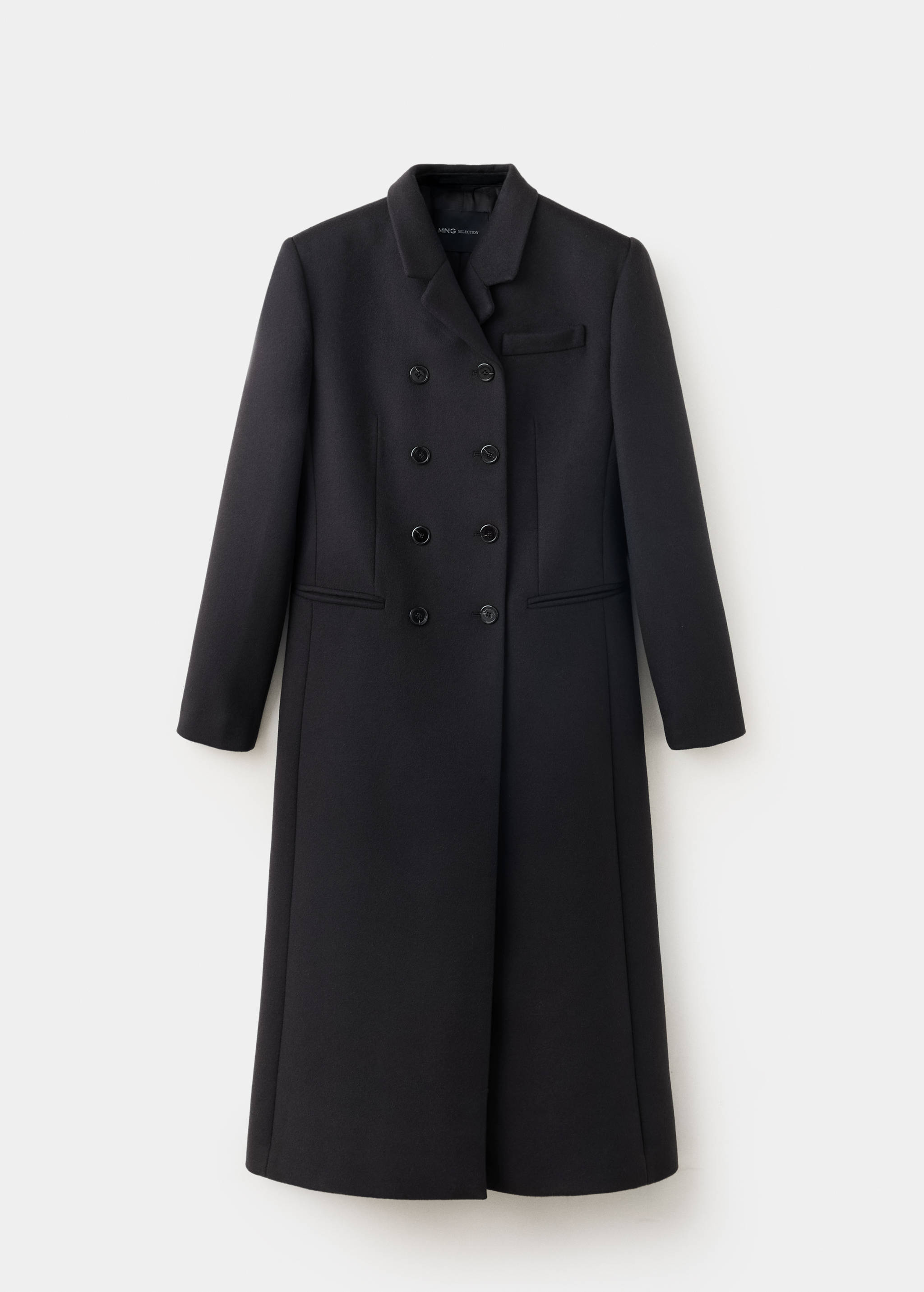 Black double-breasted coat with stand collar and buttons.