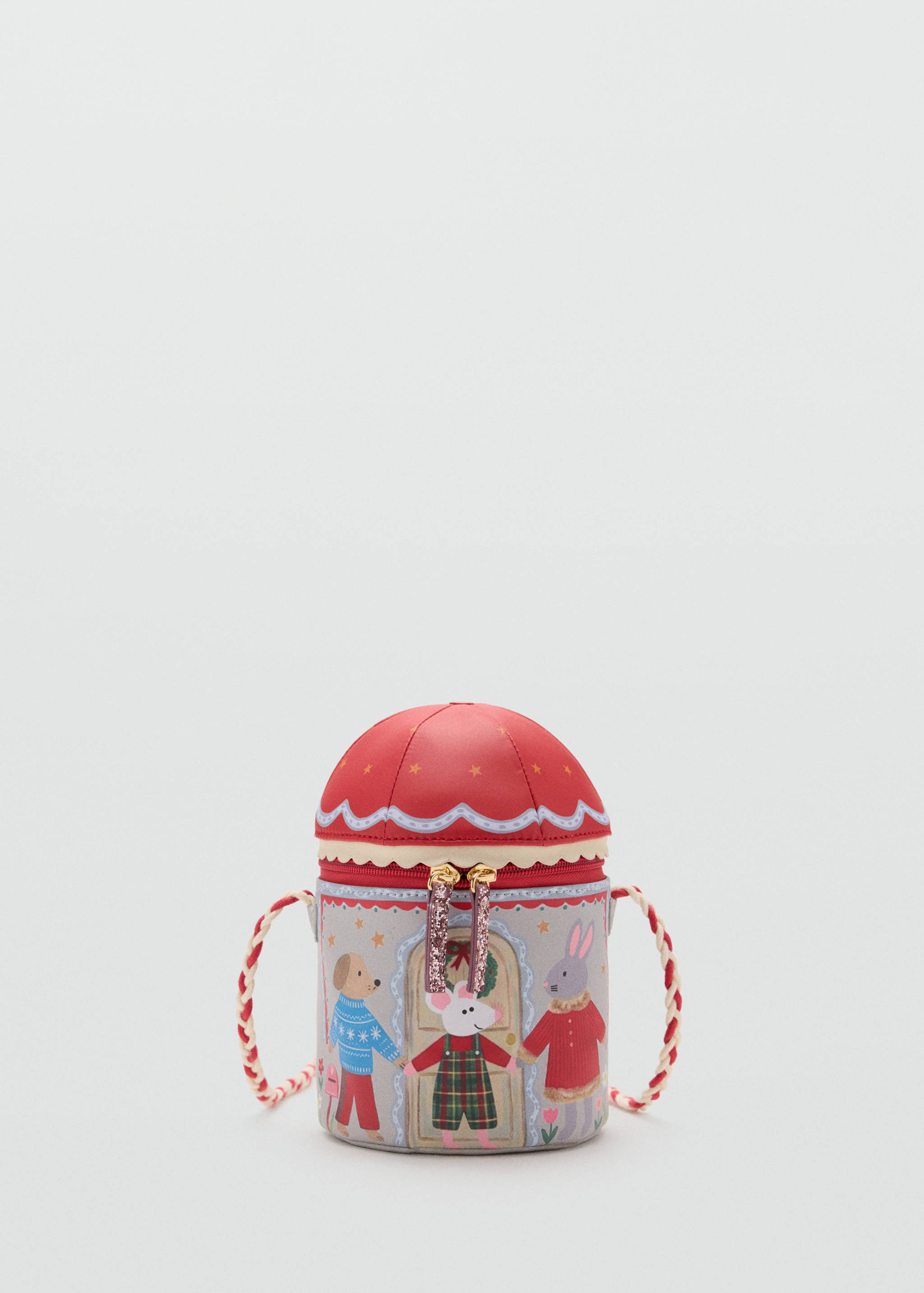 Grey children's cylindrical crossbody bag with a red tent-roof lid and festive animal illustrations.
