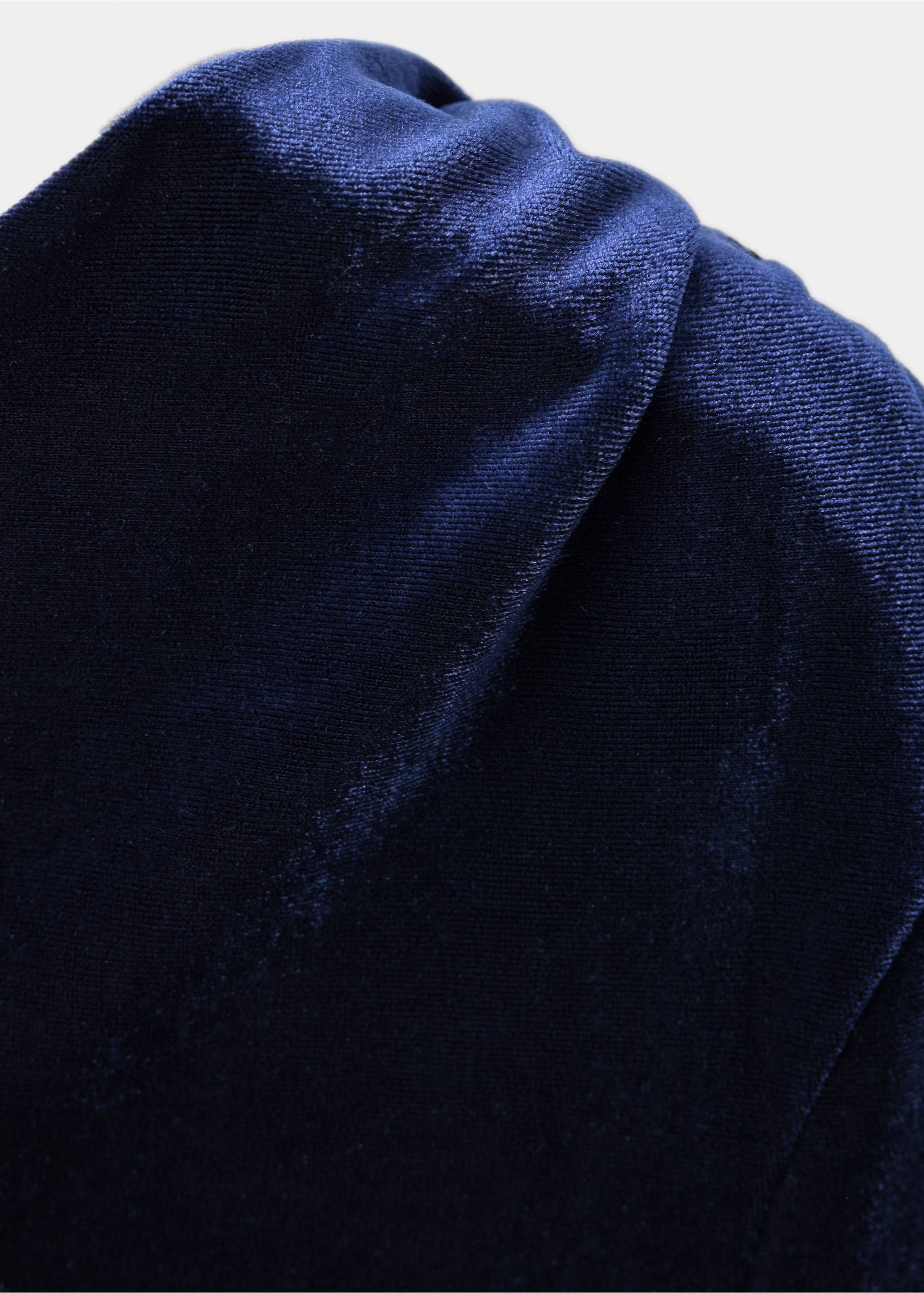 Close-up of a dark blue velvet dress detail with soft draping., Navy. Ref: 37029222-00.