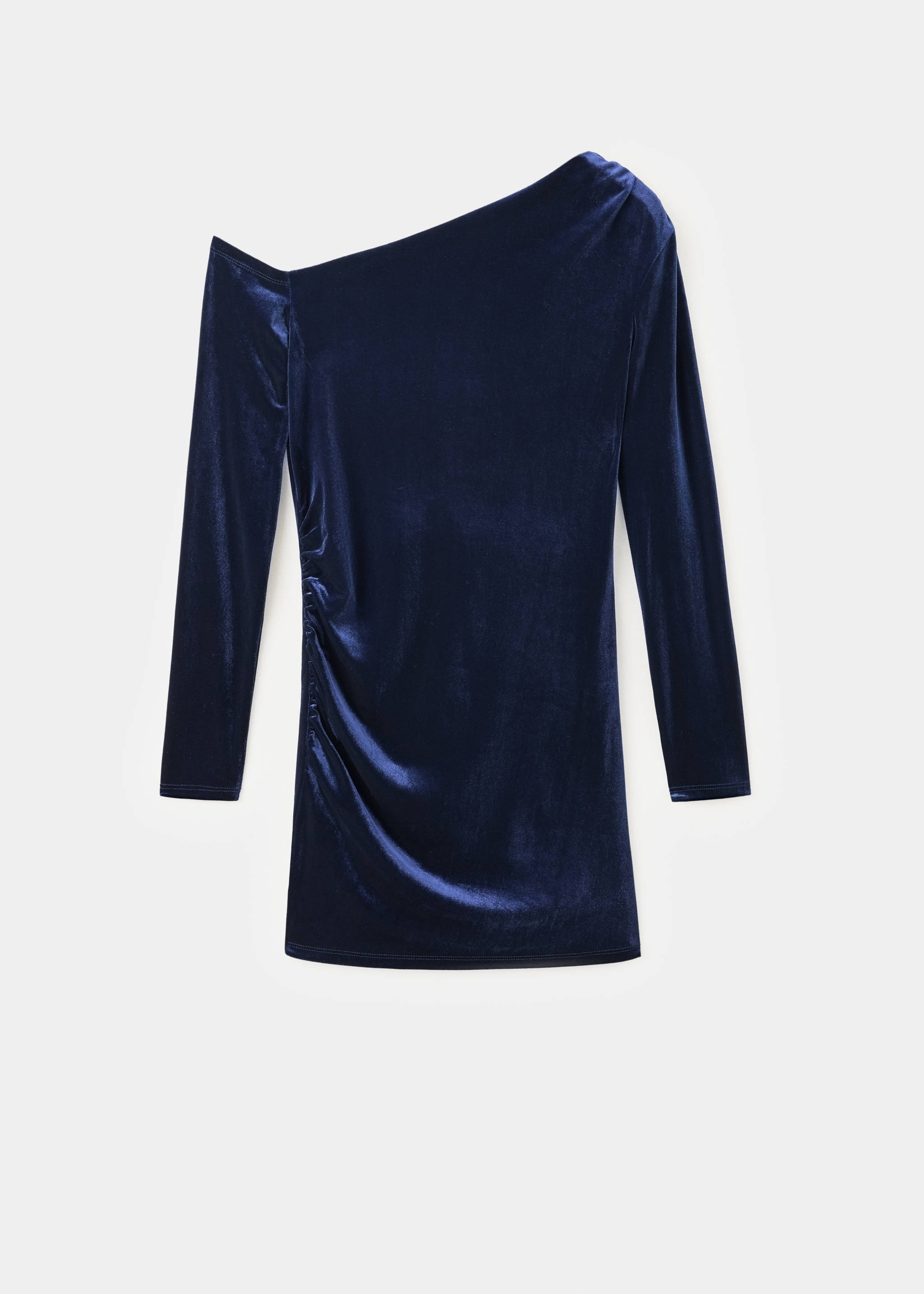 Dark blue velvet one-shoulder mini dress with long sleeves.