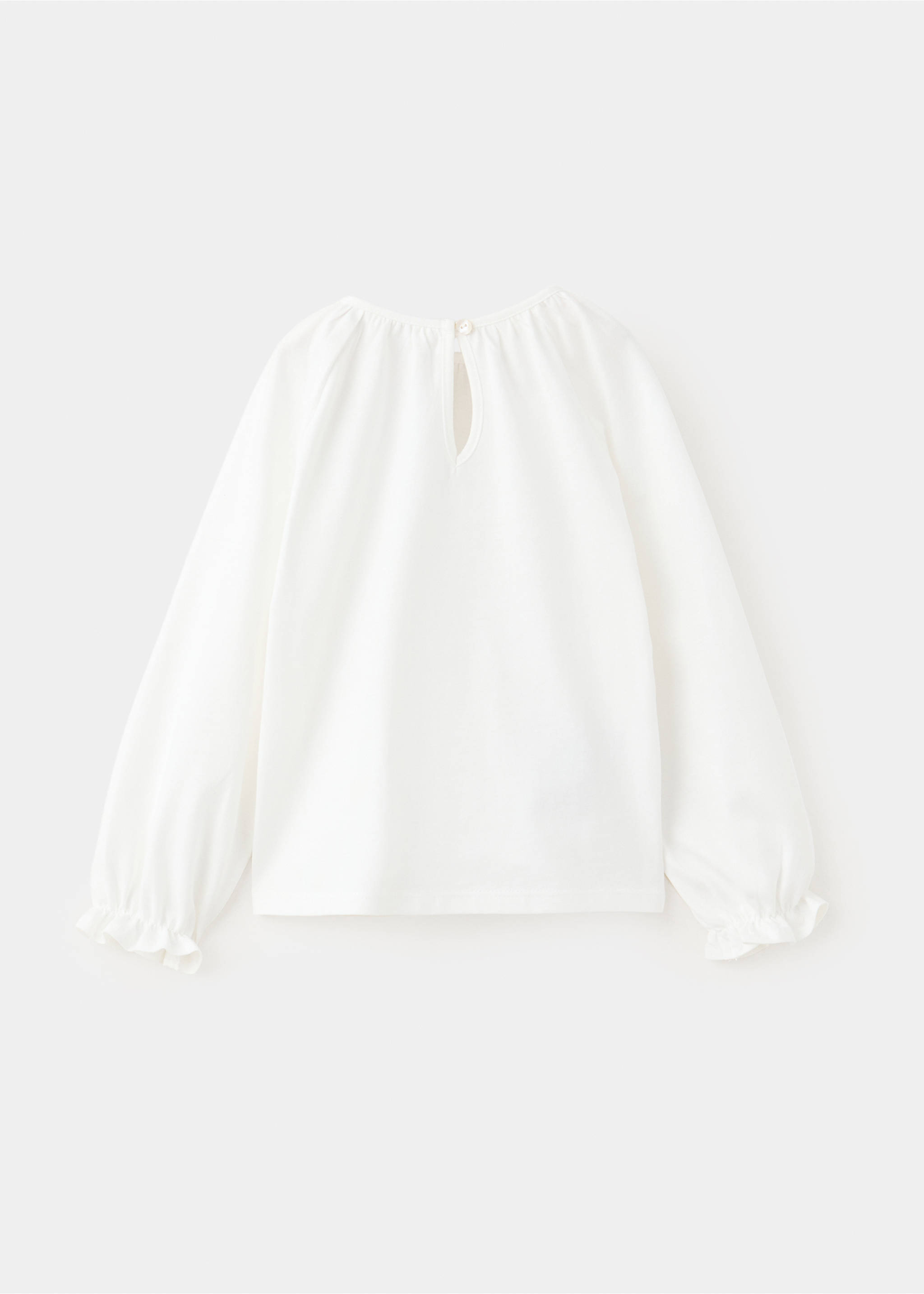 White long-sleeved t-shirt with ruffled cuffs and back button cutout, back view, Off White. Ref: 37029223-00.