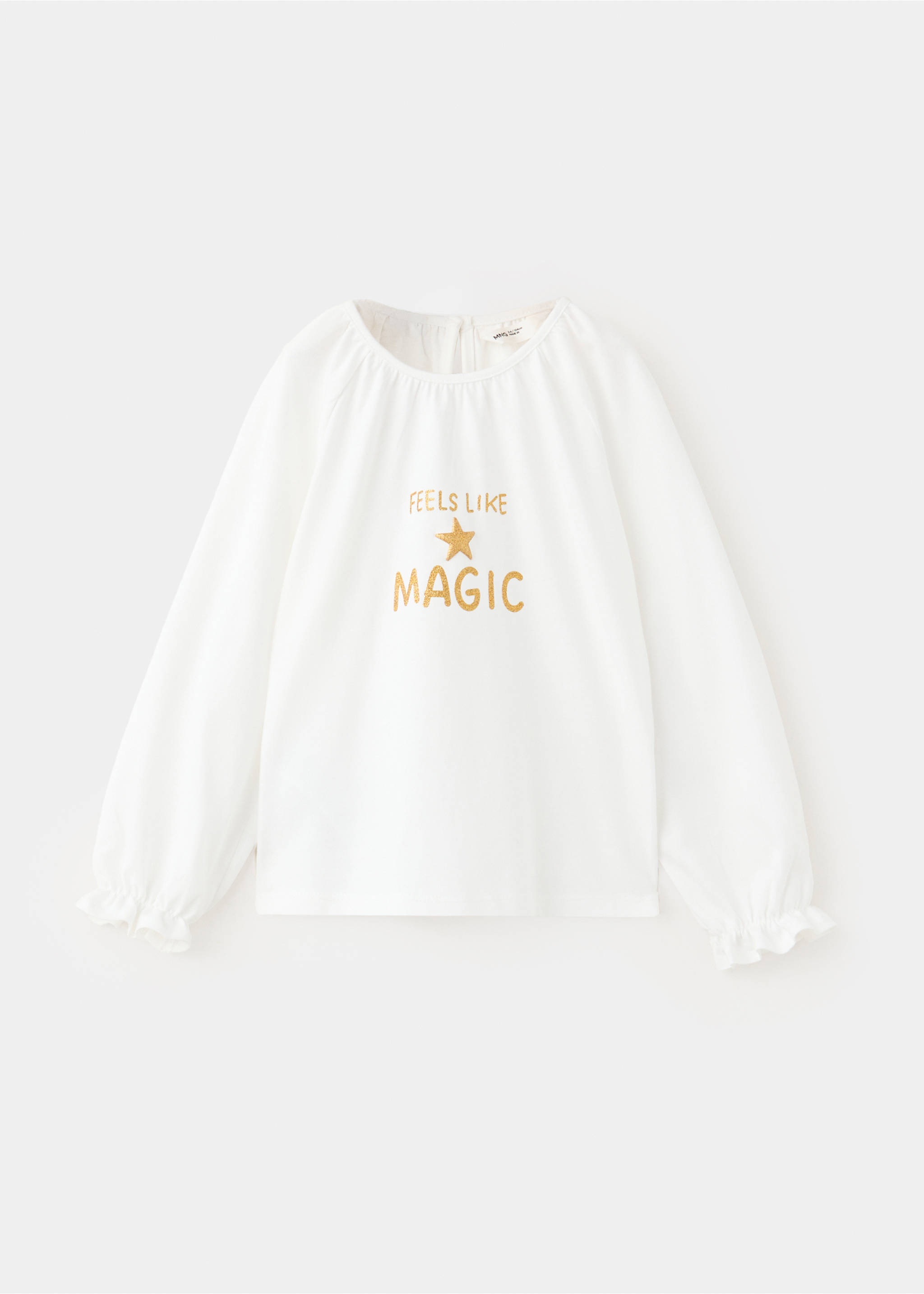 White long-sleeve t-shirt with ruffled cuffs and gold slogan., Off White. Ref: 37029223-00.