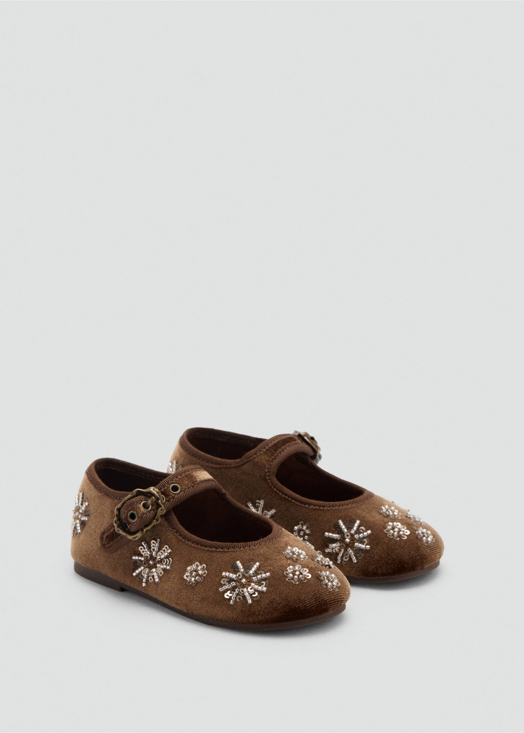 Brown velvet children's Mary Jane shoes with beaded floral embellishments and buckled straps., Medium Brown. Ref: 37029230-00.