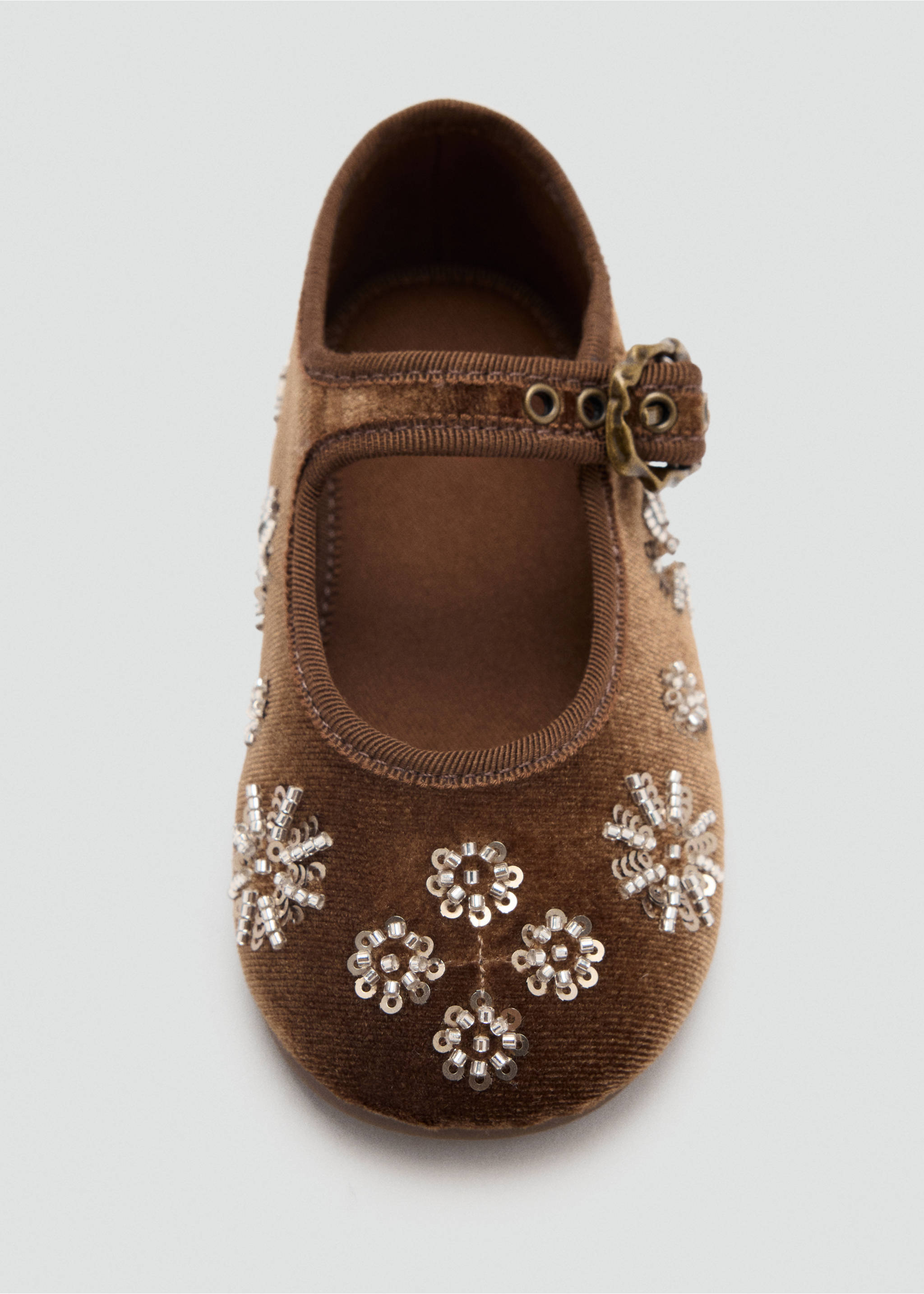 Brown velvet children's shoe with silver beaded floral embroidery and a buckled strap., Medium Brown. Ref: 37029230-00.