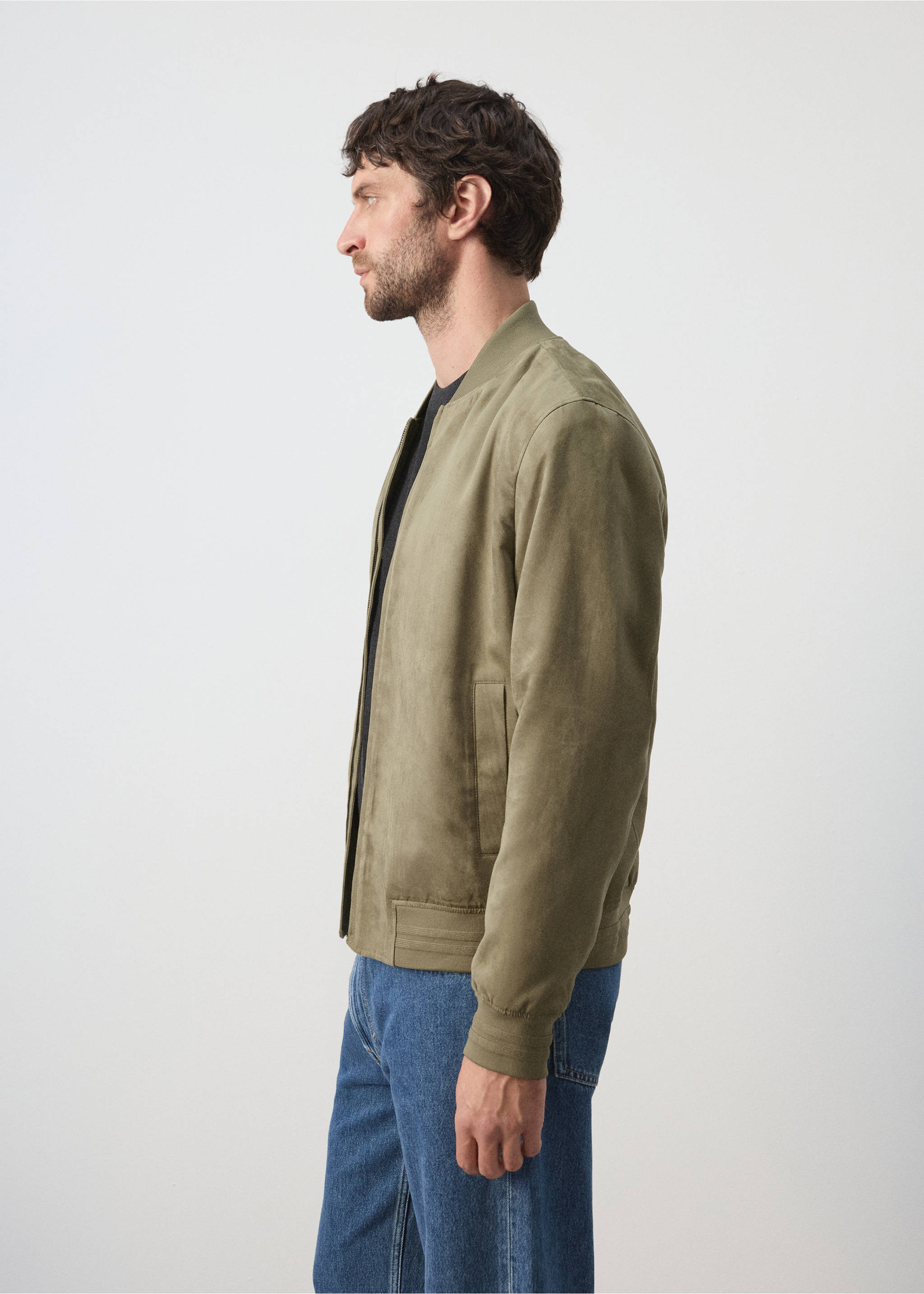 Suede-effect bomber jacket - Details of the article 2, Khaki. Ref: 37031332-00.