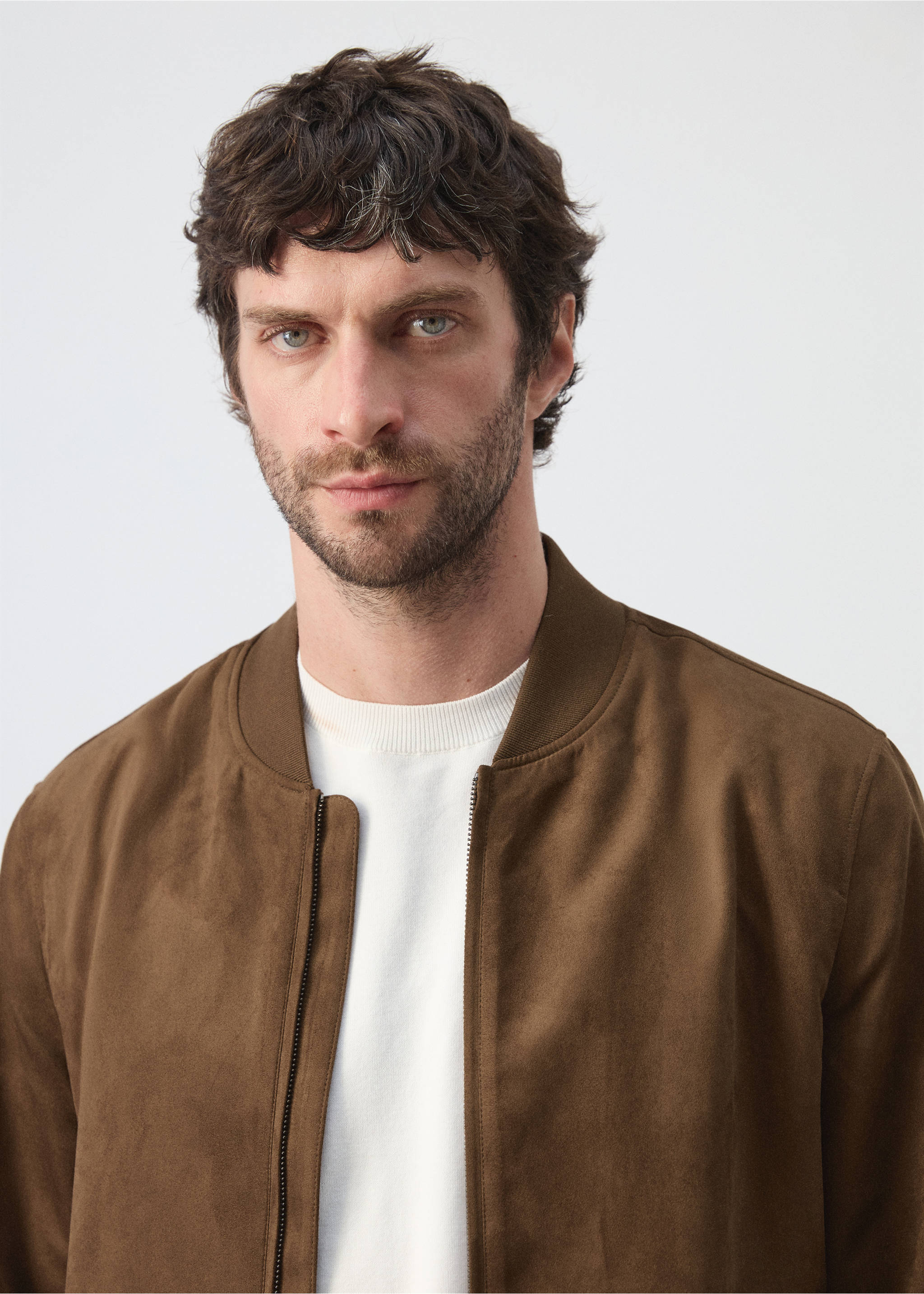 Suede-effect bomber jacket - Details of the article 1, Cognac. Ref: 37031332-00.