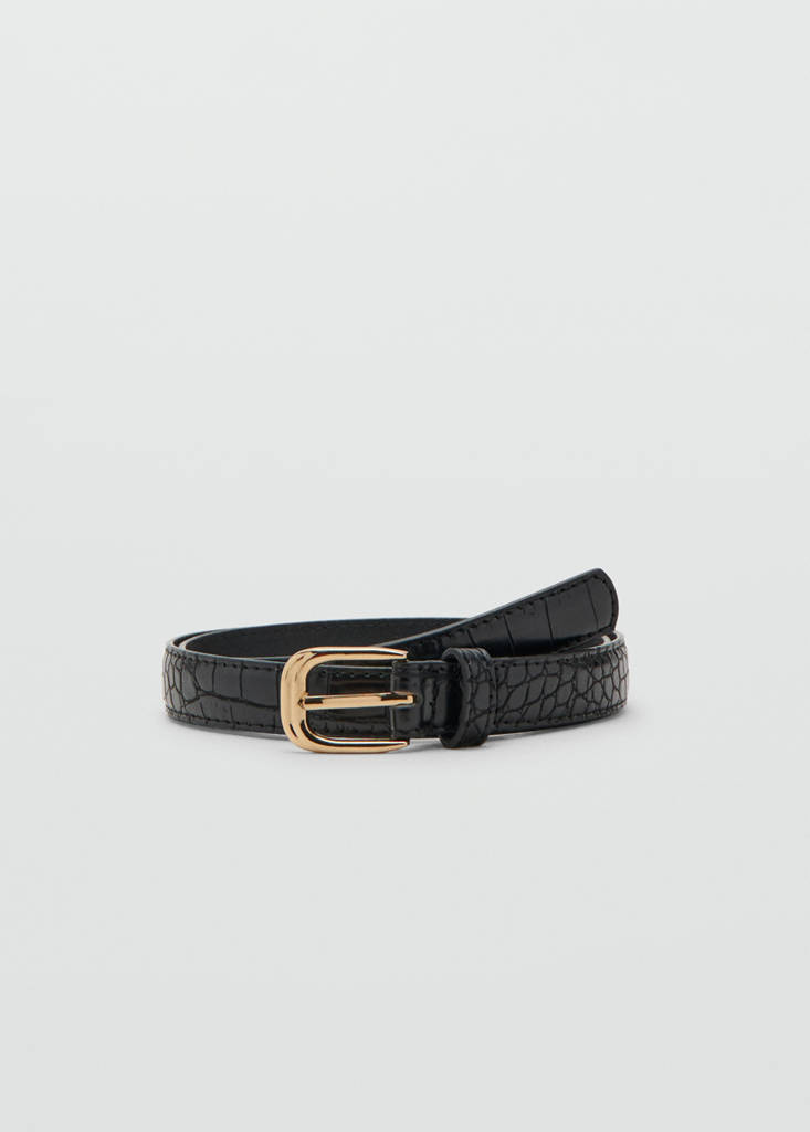 Thin faux crocodile leather belt — Black