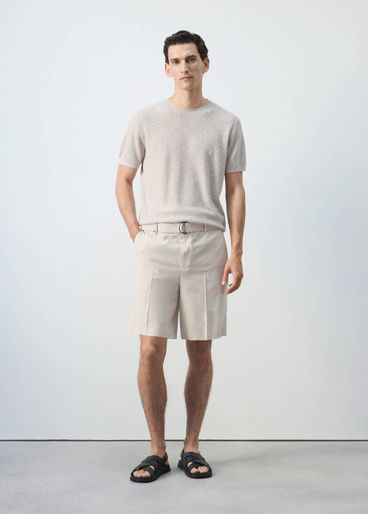 Linen blend Bermuda shorts with belt — Ecru