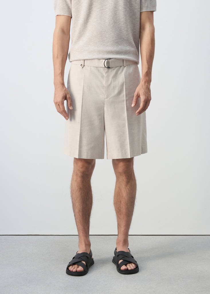 Linen blend Bermuda shorts with belt — Ecru