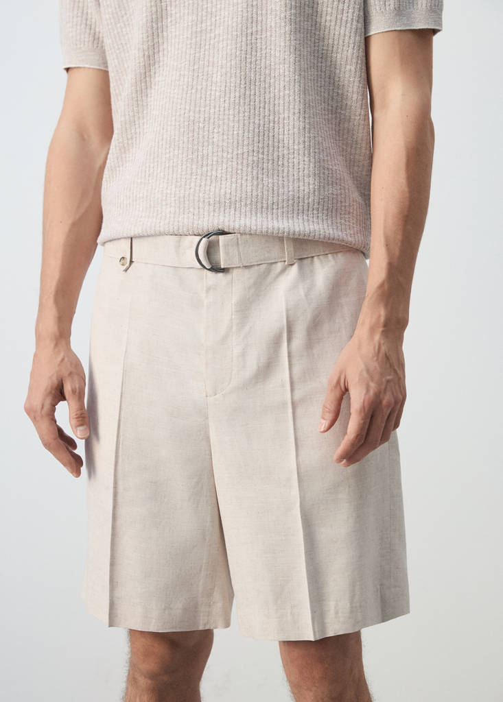 Linen blend Bermuda shorts with belt — Ecru