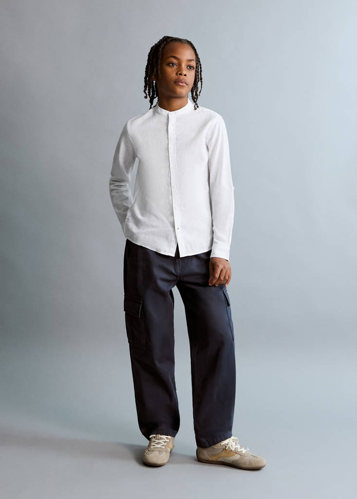 Linen mandarin collar shirt — White