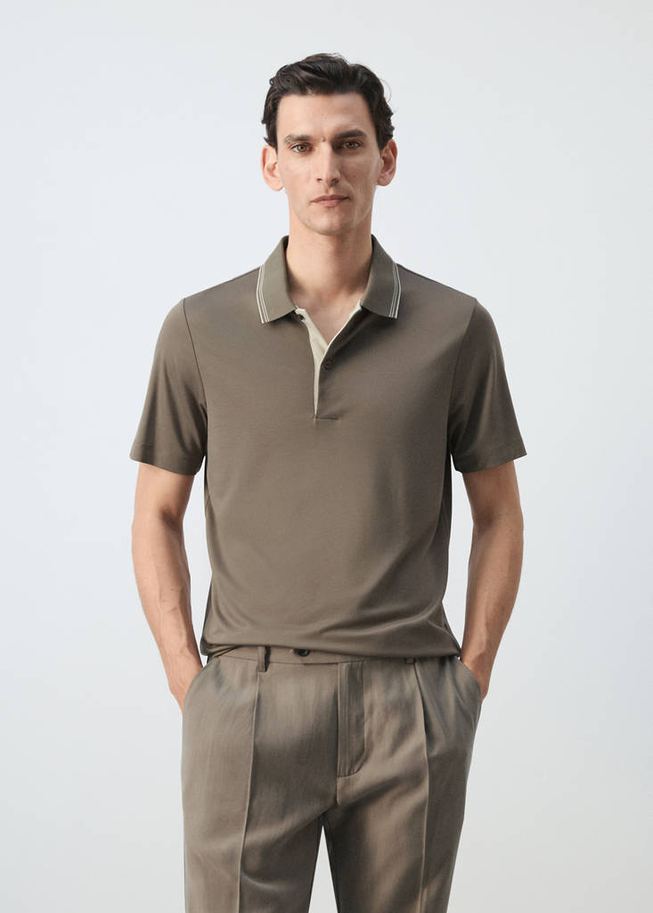 Slim fit polo with neck detail — Medium Brown