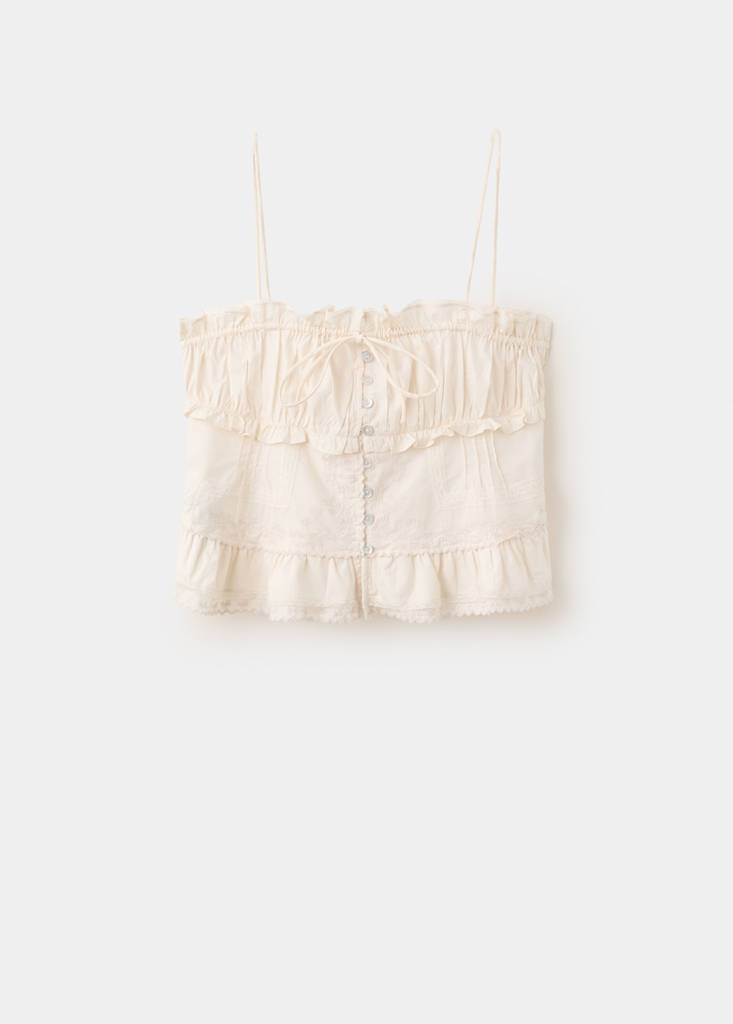 Ruffled top with embroidered details — Ecru