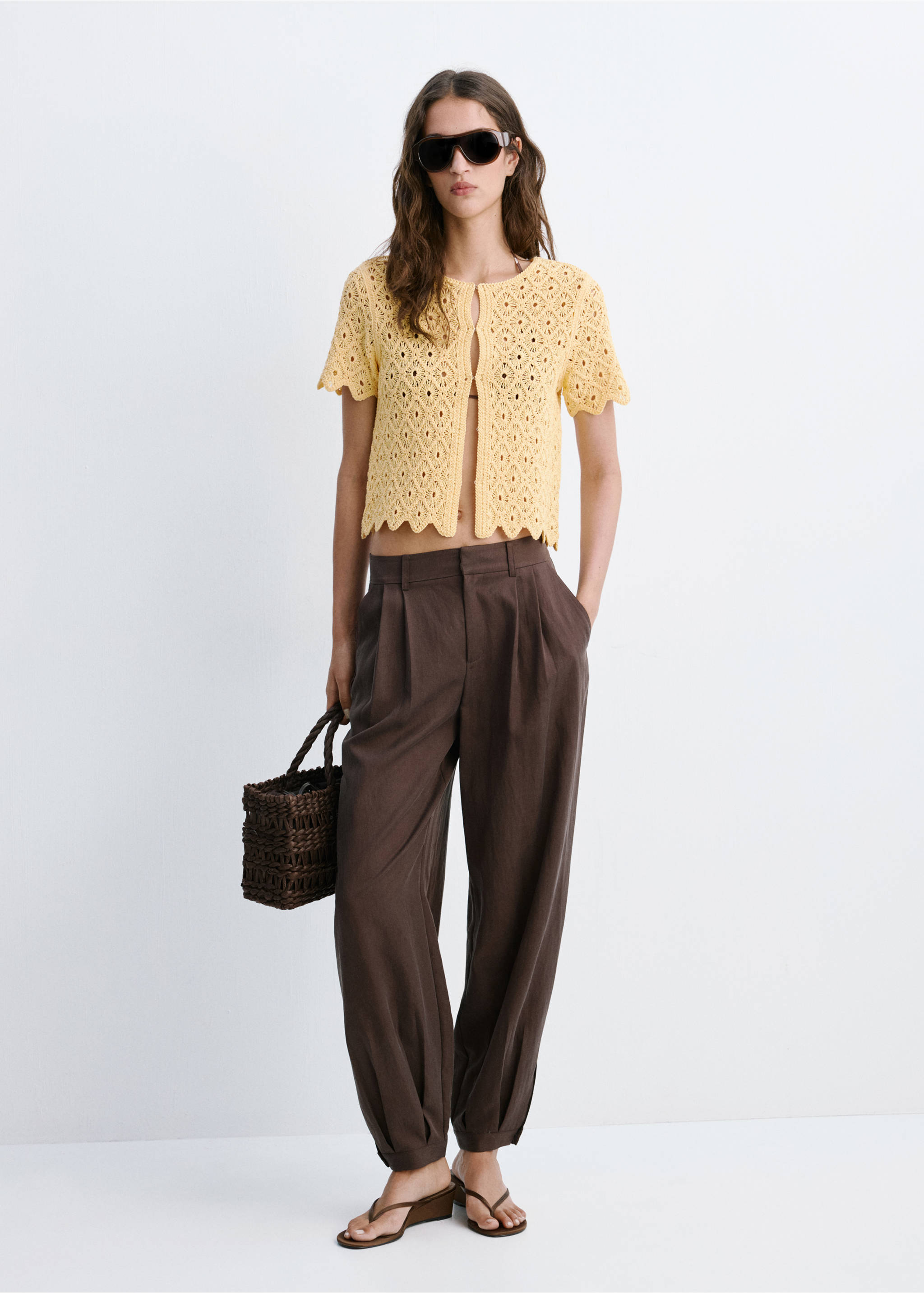 Openwork knit cardigan with scalloped edge - رؤية عامة, أصفر خفيف. Ref: 37031385-00.