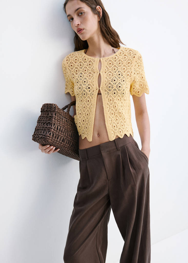Scalloped openwork knit cardigan — Pastel Yellow