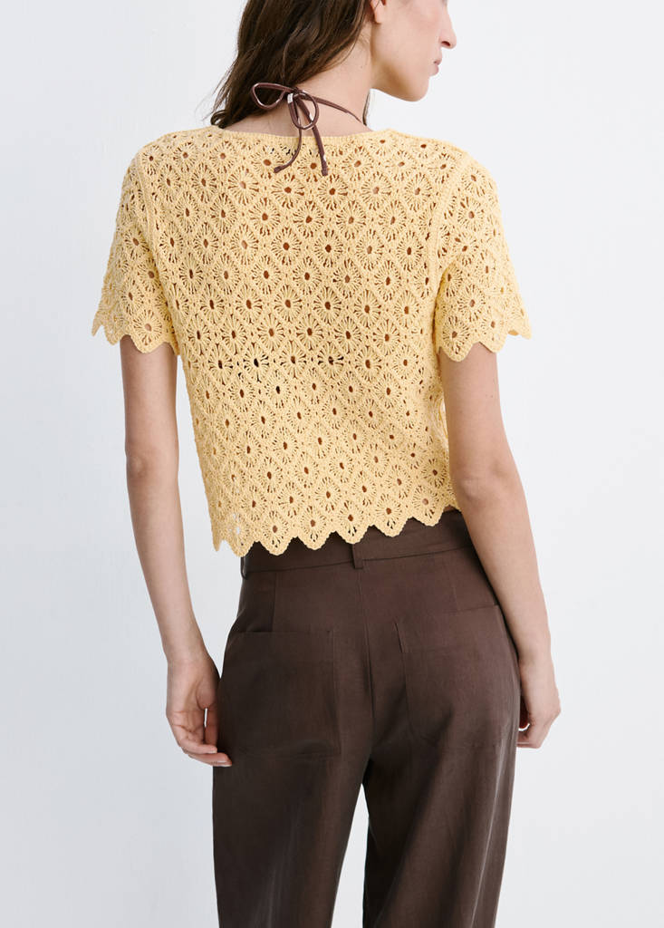 Scalloped openwork knit cardigan — Pastel Yellow