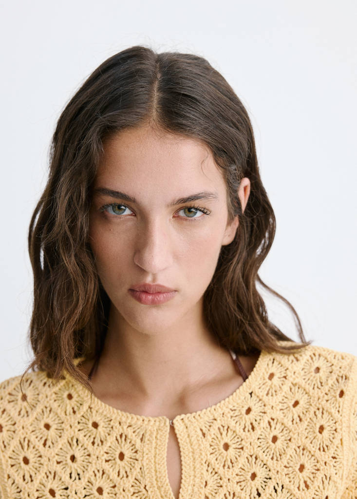 Scalloped openwork knit cardigan — Pastel Yellow