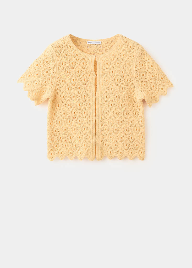 Scalloped openwork knit cardigan — Pastel Yellow