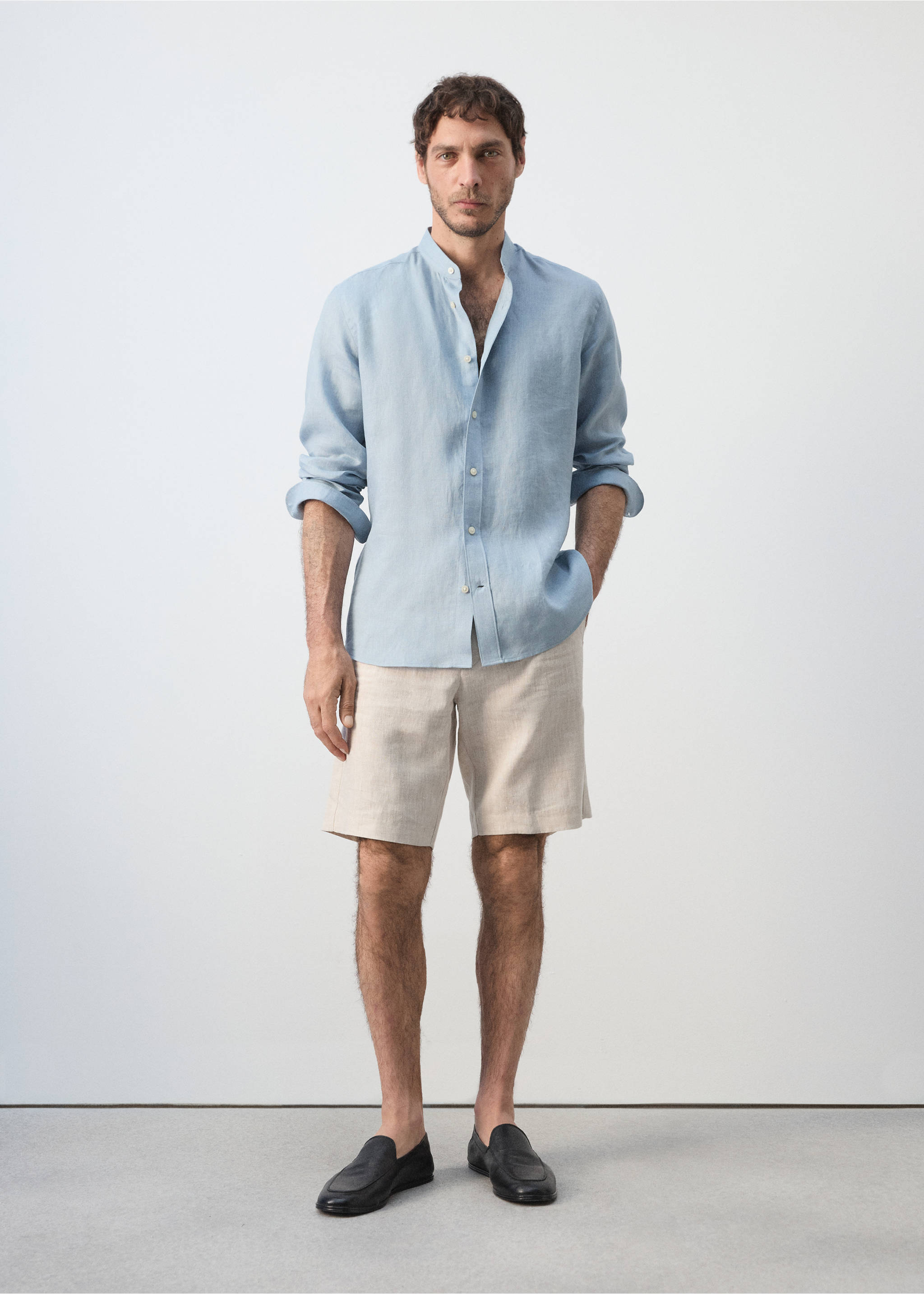100% linen Mao collar shirt - General plane, China Blue. Ref: 37031400-00.
