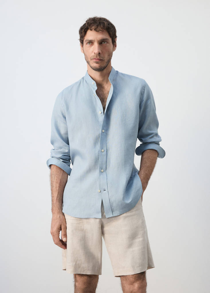 Regular-fit 100% linen shirt — China Blue