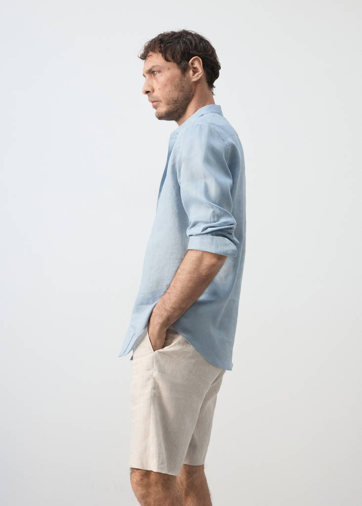 Regular-fit 100% linen shirt — China Blue