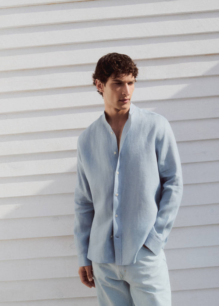 Regular-fit 100% linen shirt — China Blue