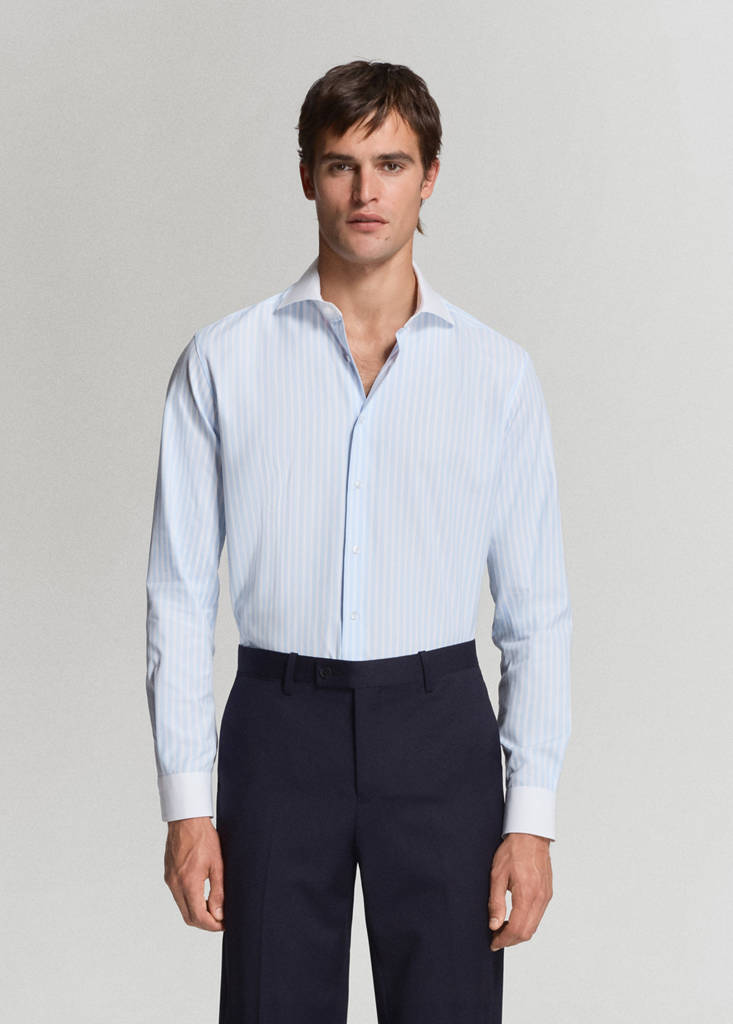 Slim fit 100% cotton striped formal shirt — Sky Blue
