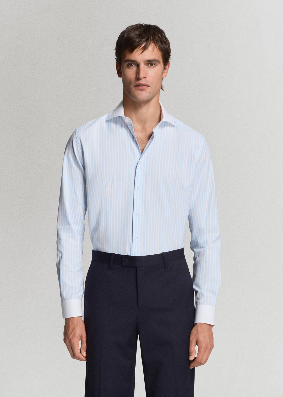 Slim fit 100% cotton striped formal shirt — Sky Blue