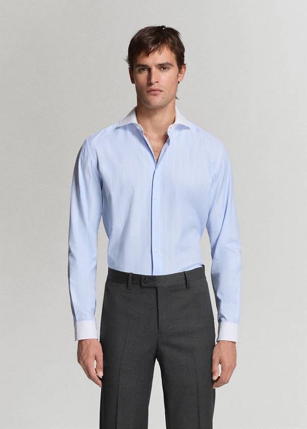 Slim fit 100% cotton striped formal shirt — Blue