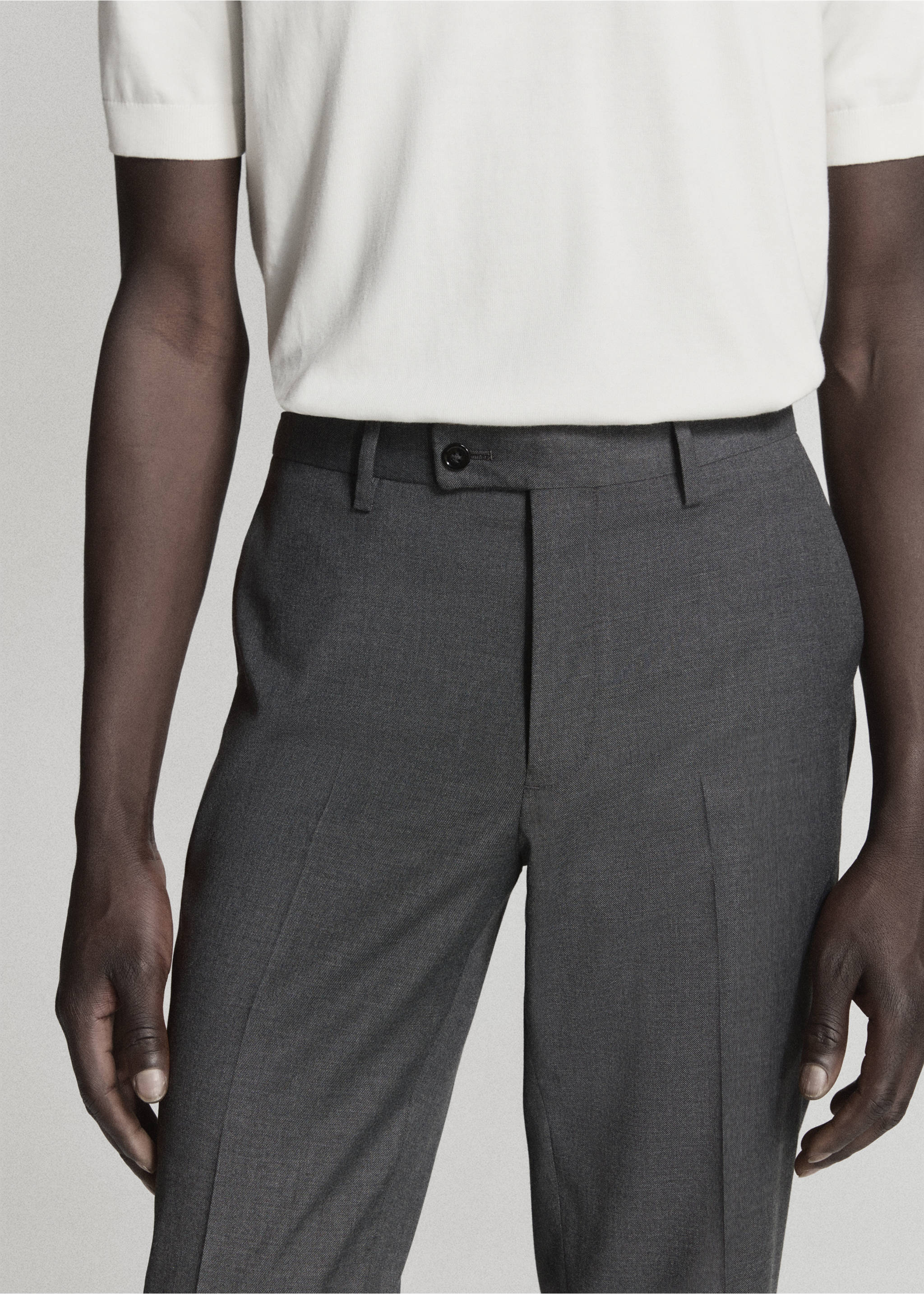 Dark grey trousers with a buttoned waistband and belt loops., Grey. Ref: 37031409-01.