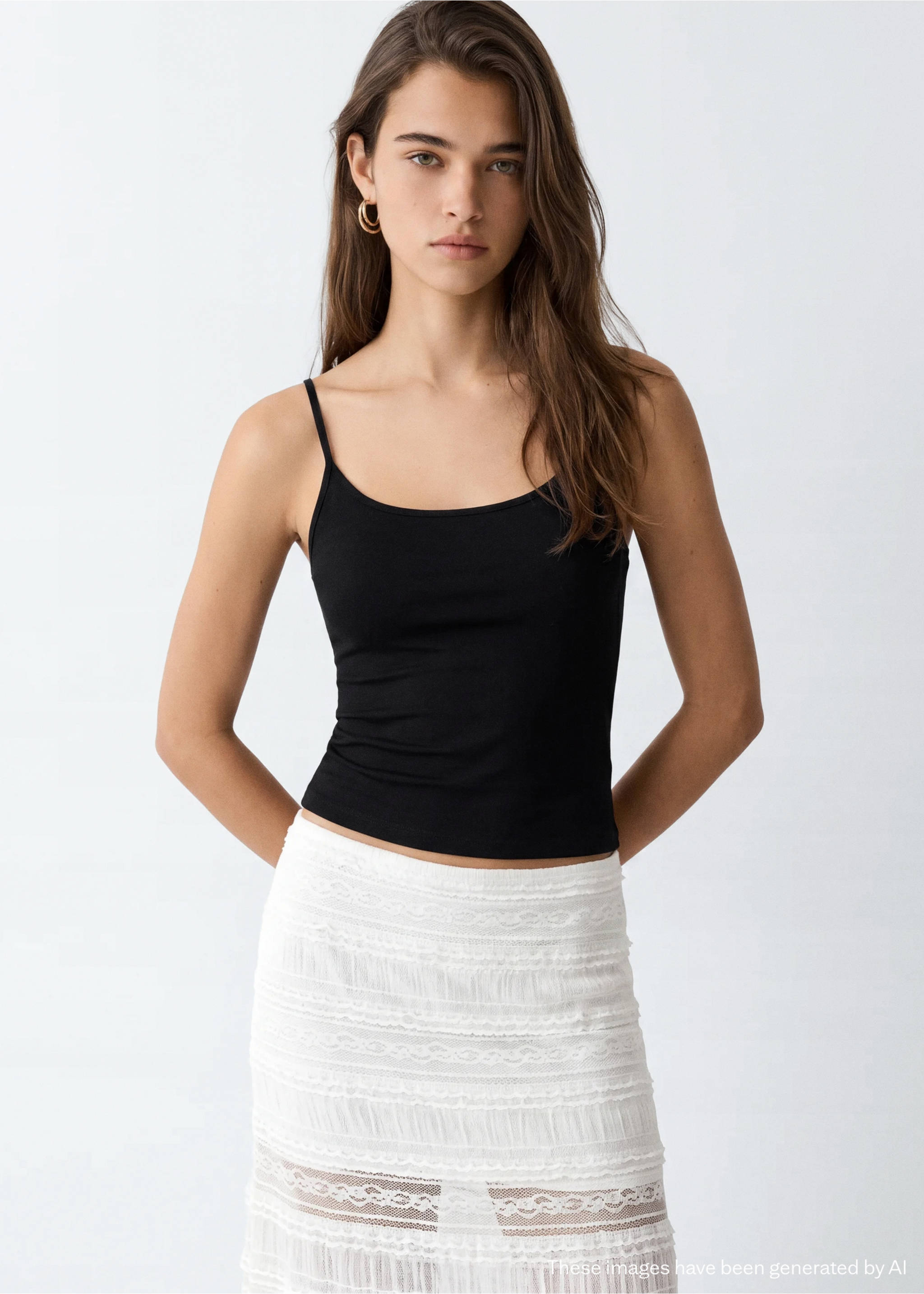 Fitted top with thin straps - Medium plane, Black. Ref: 37031413-00.