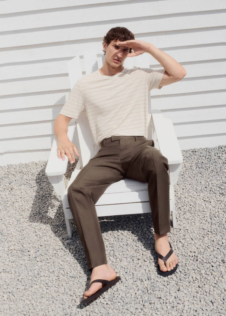Linen blend striped T-shirt — Beige
