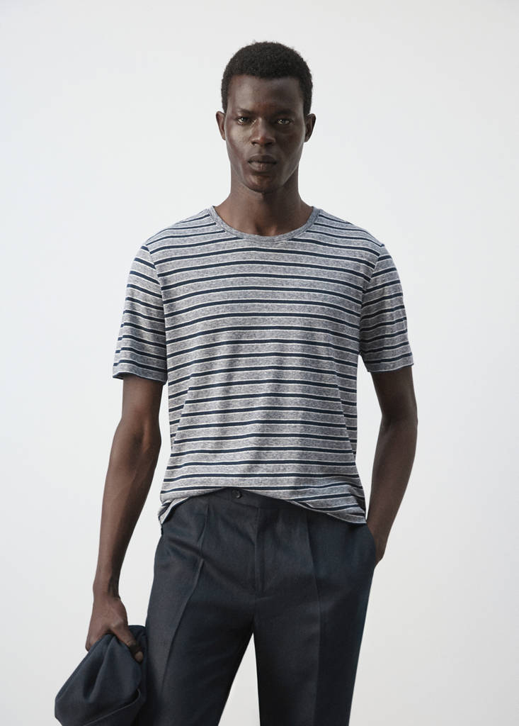Linen blend striped T-shirt — Navy