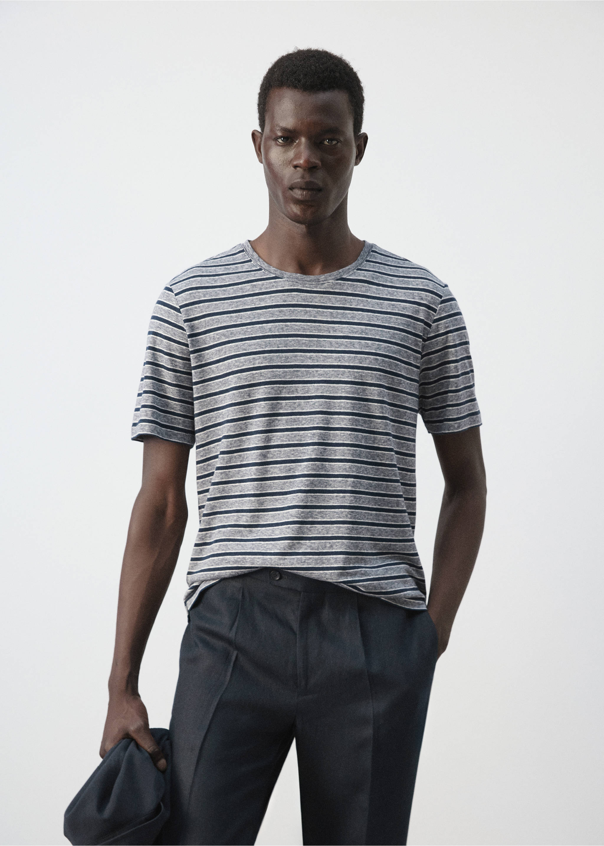 Striped linen T-shirt - Medium plane, Navy. Ref: 37031419-00.