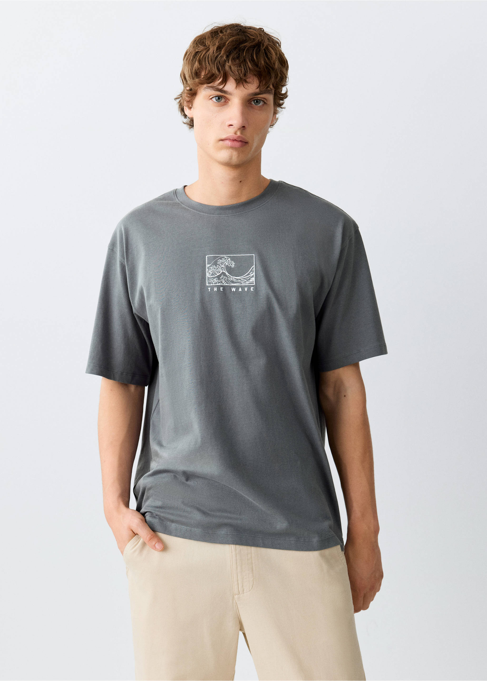 Cotton T-shirt with print detail - Medium plane, Charcoal. Ref: 37031428-00.
