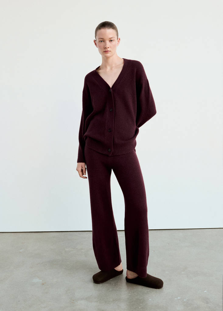 Knitted button-up pyjama cardigan — Burgundy