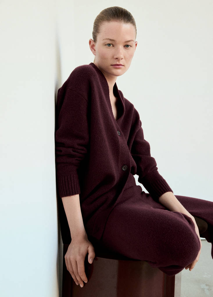 Knitted button-up pyjama cardigan — Burgundy