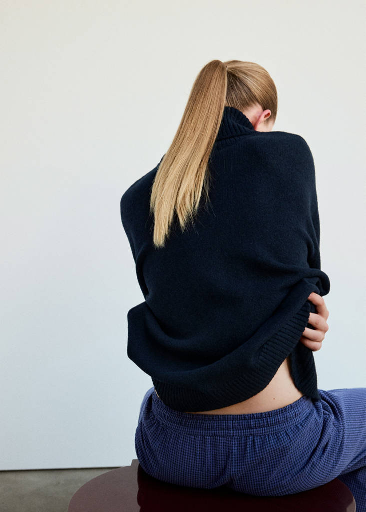 Jersey pyjama top with roll neck — Navy