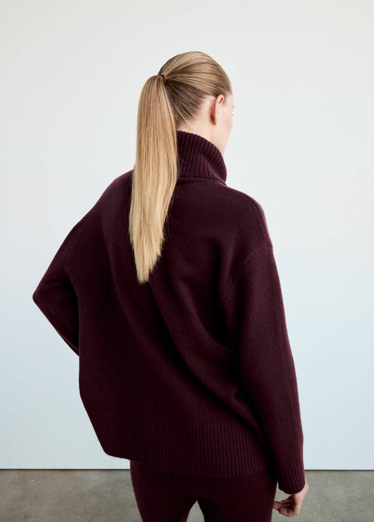 Jersey pyjama top with roll neck — Burgundy