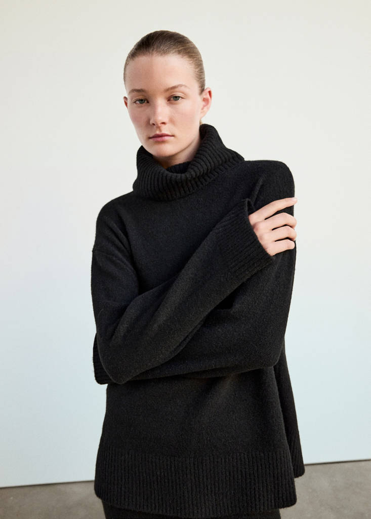 Jersey pyjama top with roll neck — Black