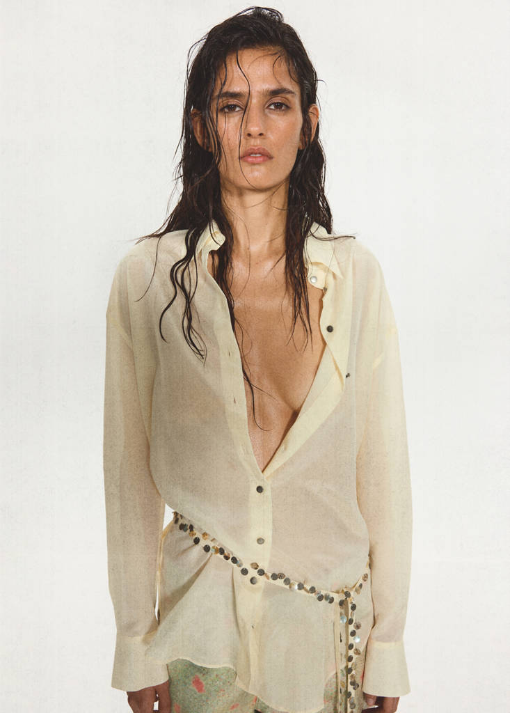 Semi-transparent shirt with beaded belt — Off White