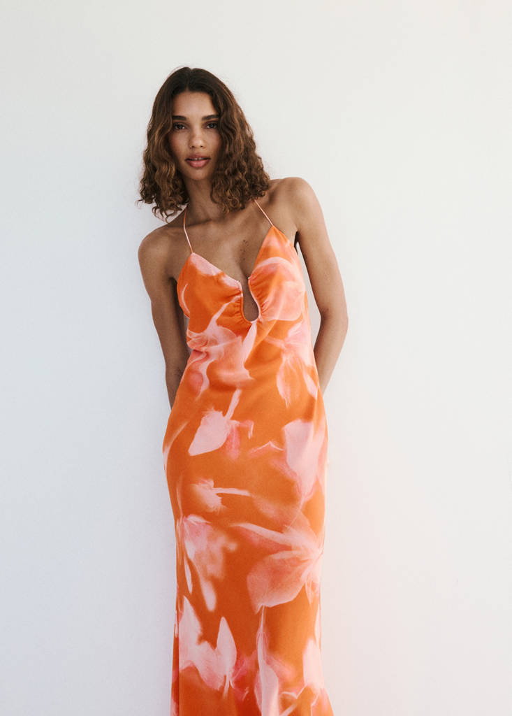 Metallic cut-out floral dress — Orange