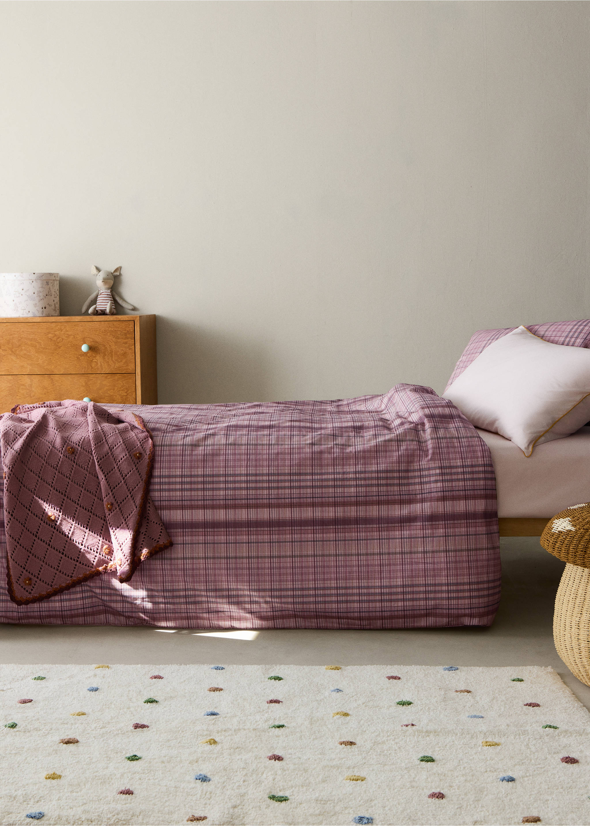 Children’s percale cotton checked duvet cover for a 90 cm bed - General plane, Light/Pastel Purple. Ref: 37031526-00.