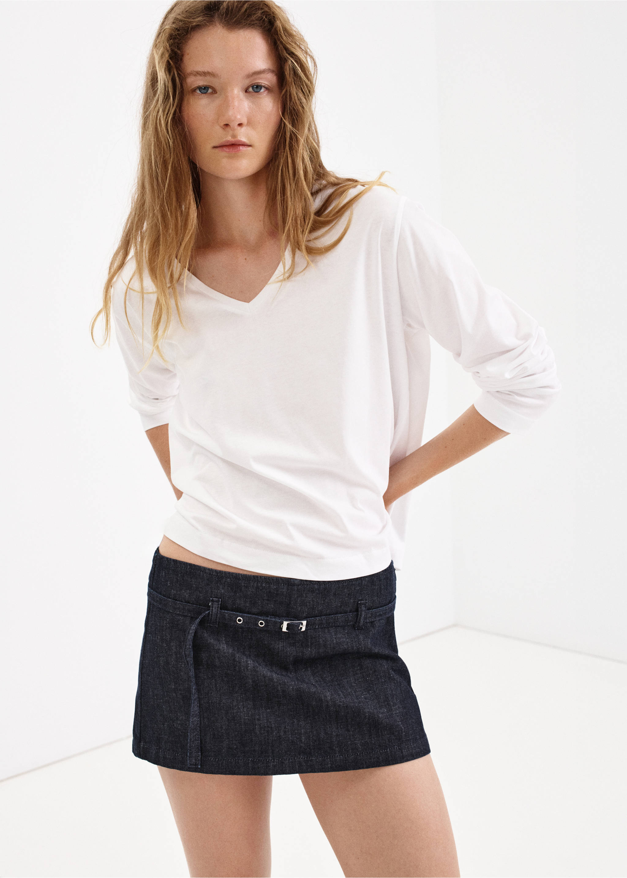 Denim culottes with belt - Medium plane, Open Blue. Ref: 37032526-00.
