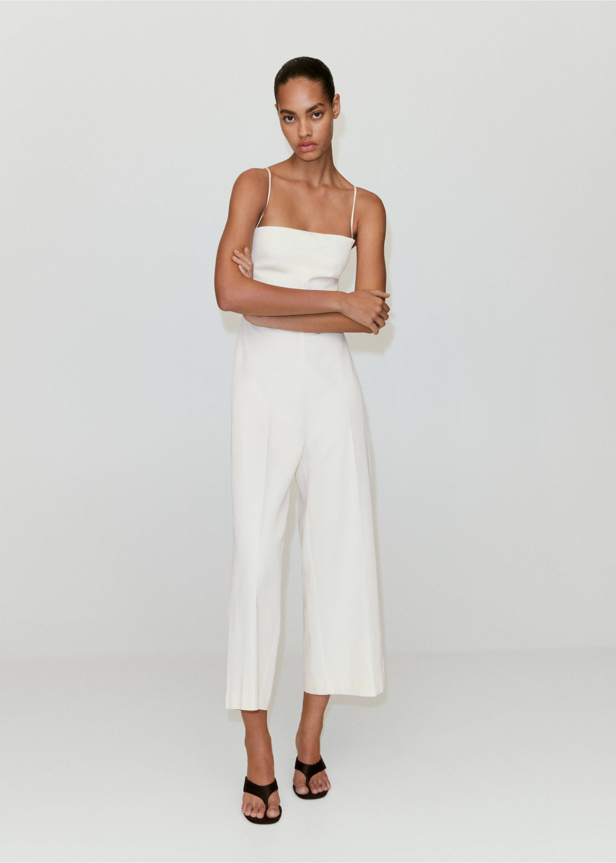 Cross-back linen playsuit - General plane, Ecru. Ref: 37032527-00.