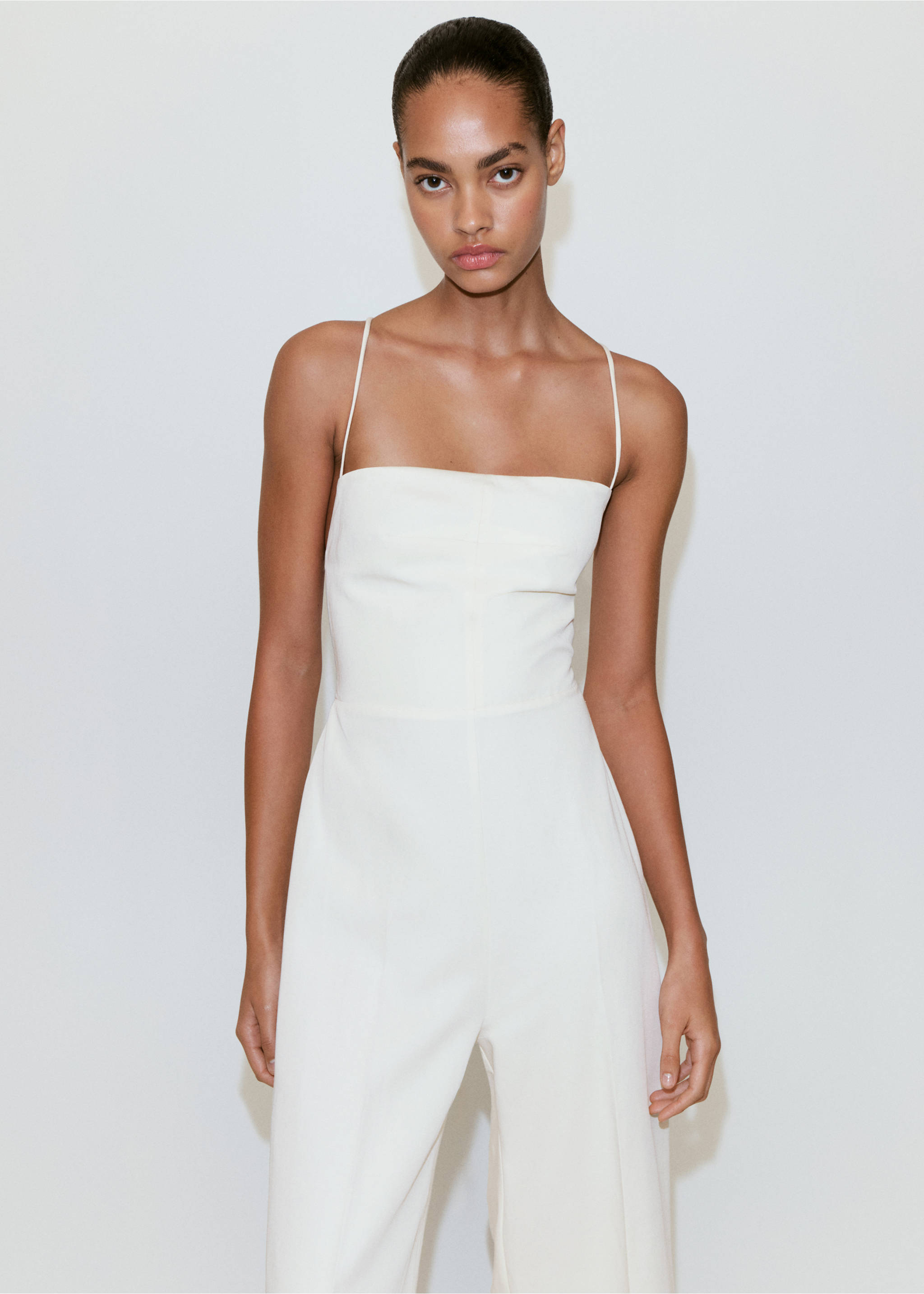 Cross-back linen playsuit - Medium plane, Ecru. Ref: 37032527-00.