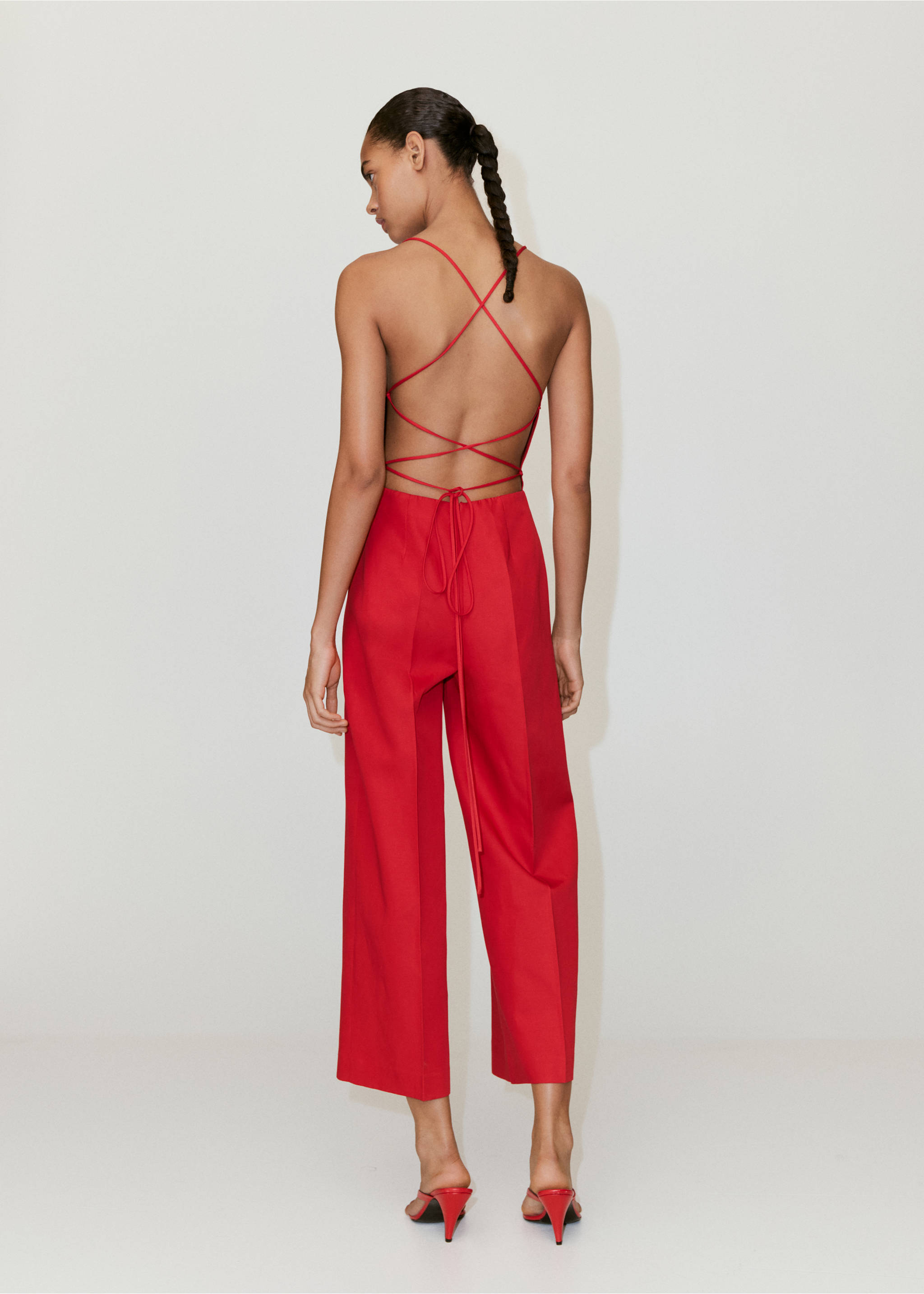 Cross-back linen playsuit - Reverse of the article, Red. Ref: 37032527-00.