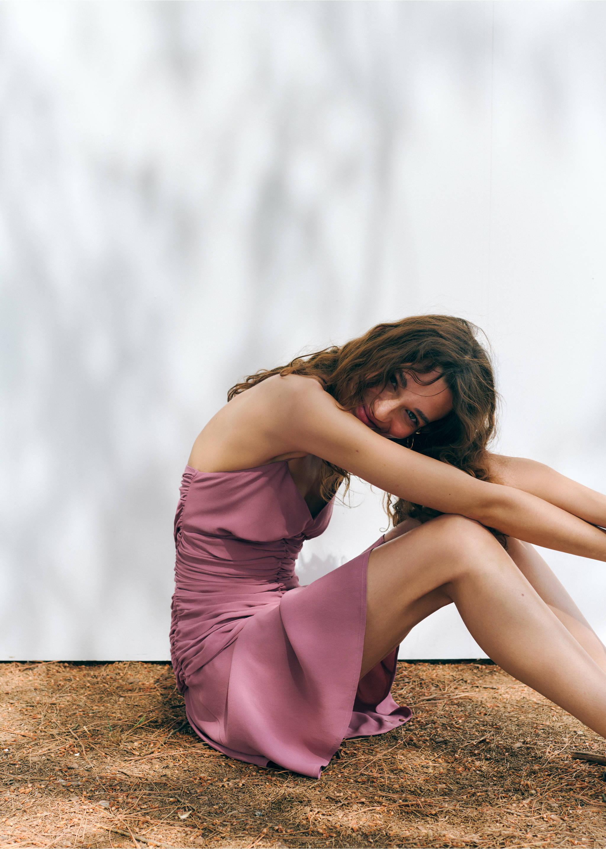 Draped dress with cross-back straps - Details of the article 1, Pastel Pink. Ref: 37032535-00.